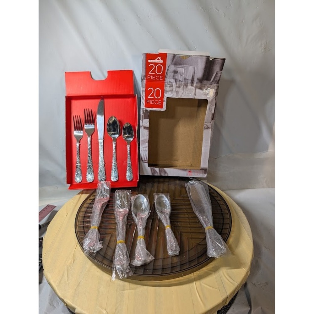 EuroHome 20 Piece Set Service for 4 18/0 Stainless Steel Hammered Silverware New